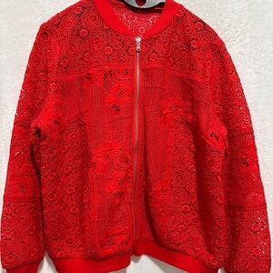 Chico's Cherry Red Thick Lace Crochet Jacket Bomber Full Zip Up 23” Pit-Pit